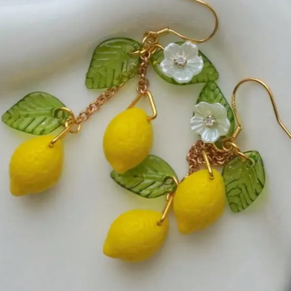 Yellow Green Flower Rhinestone Lemon Earrings Summer Garden Party Cottagecore